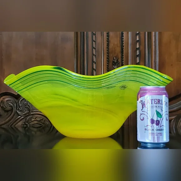 Huge Blenko 17" Handmade Yellow & Blue Art Glass Bowl - Picture 12 of 13